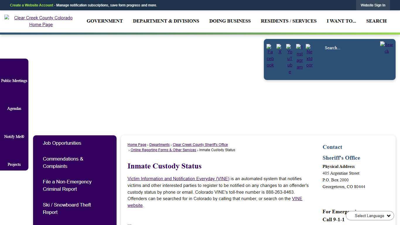 Inmate Custody Status | Clear Creek County, CO - Official Website